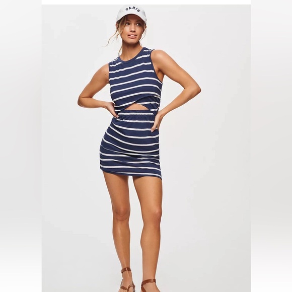 Anthropologie T.La Blue Stripe Midriff Cutout Sleeveless Shirt High Neck Mini - Picture 1 of 12
